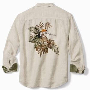 NWT Tommy Bahama Cream 100% Linen Toucan Escape Long-Sleeve Shirt Large Tall